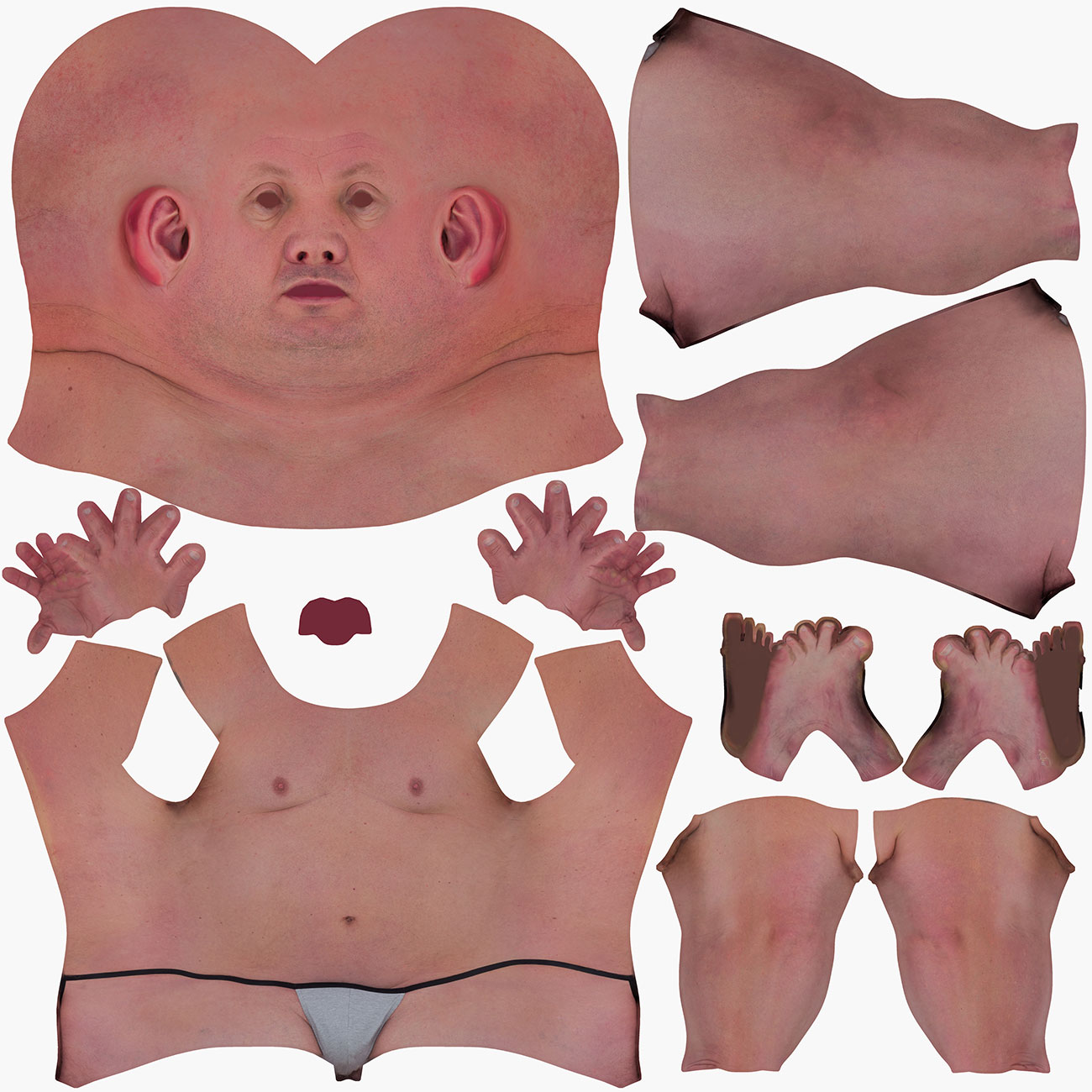 Unwrapped UV map layout for a heavy-set male 3D body scan showing low-distortion texture coordinates across the full mesh